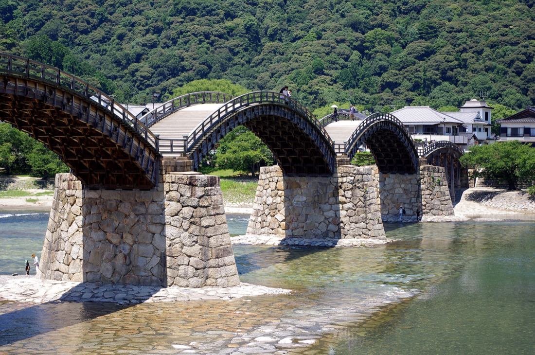 The five wooden arches of the Kintai Bridge at Iwakuni